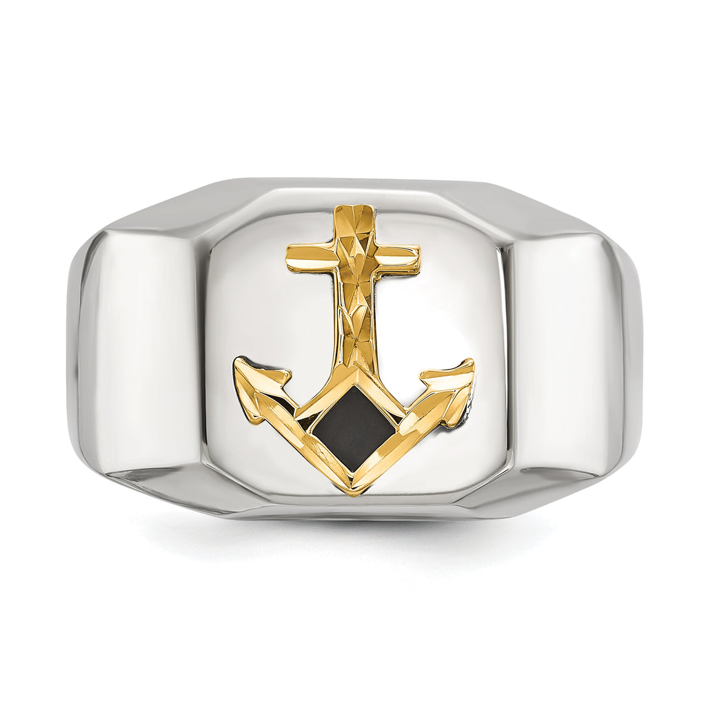 Men's Polished Anchor Black Enamel Stainless Steel 14K Gold Accent Ring 11mm