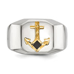 Men's Polished Anchor Black Enamel Stainless Steel 14K Gold Accent Ring 11mm
