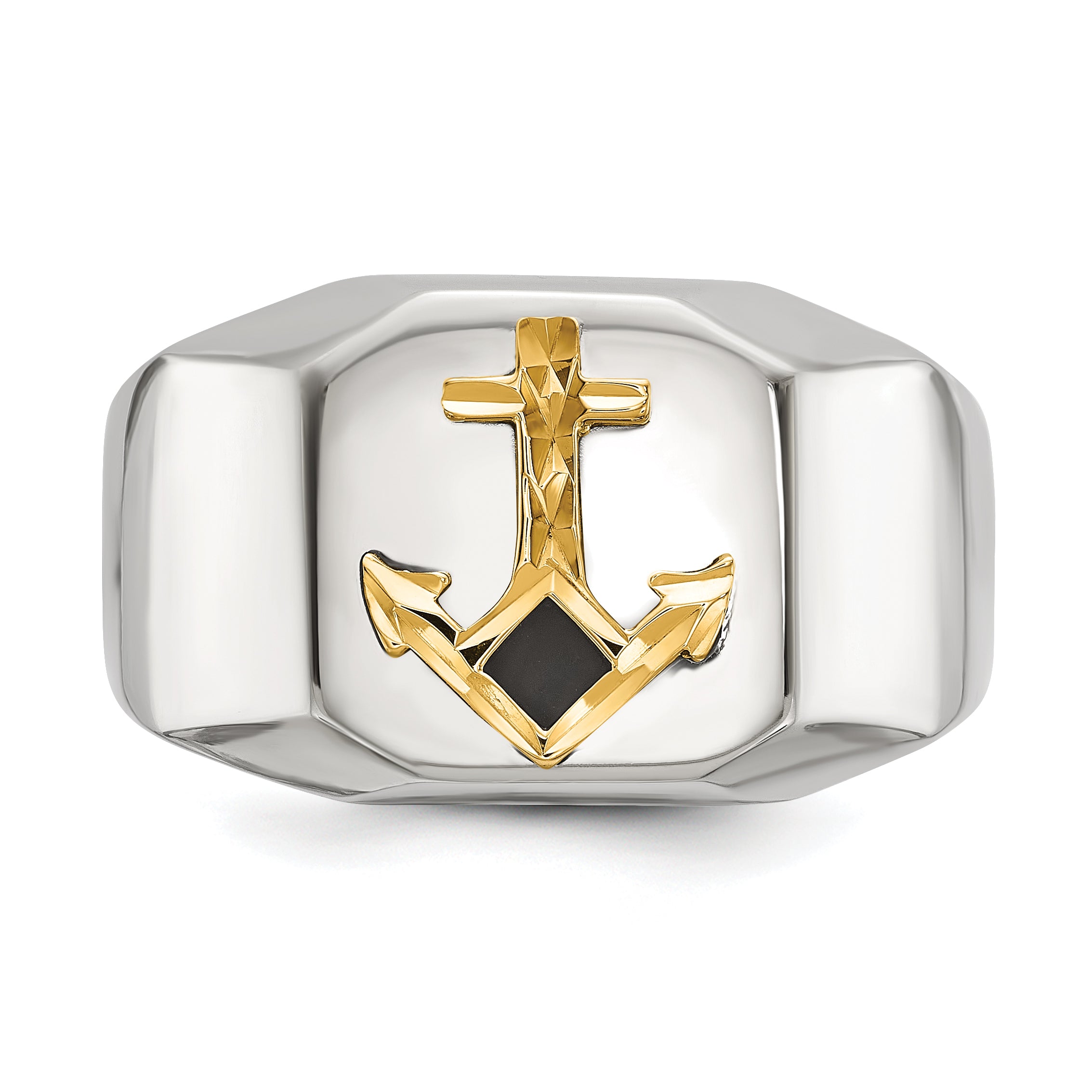 Men's Polished Anchor Black Enamel Stainless Steel 14K Gold Accent Ring 11mm
