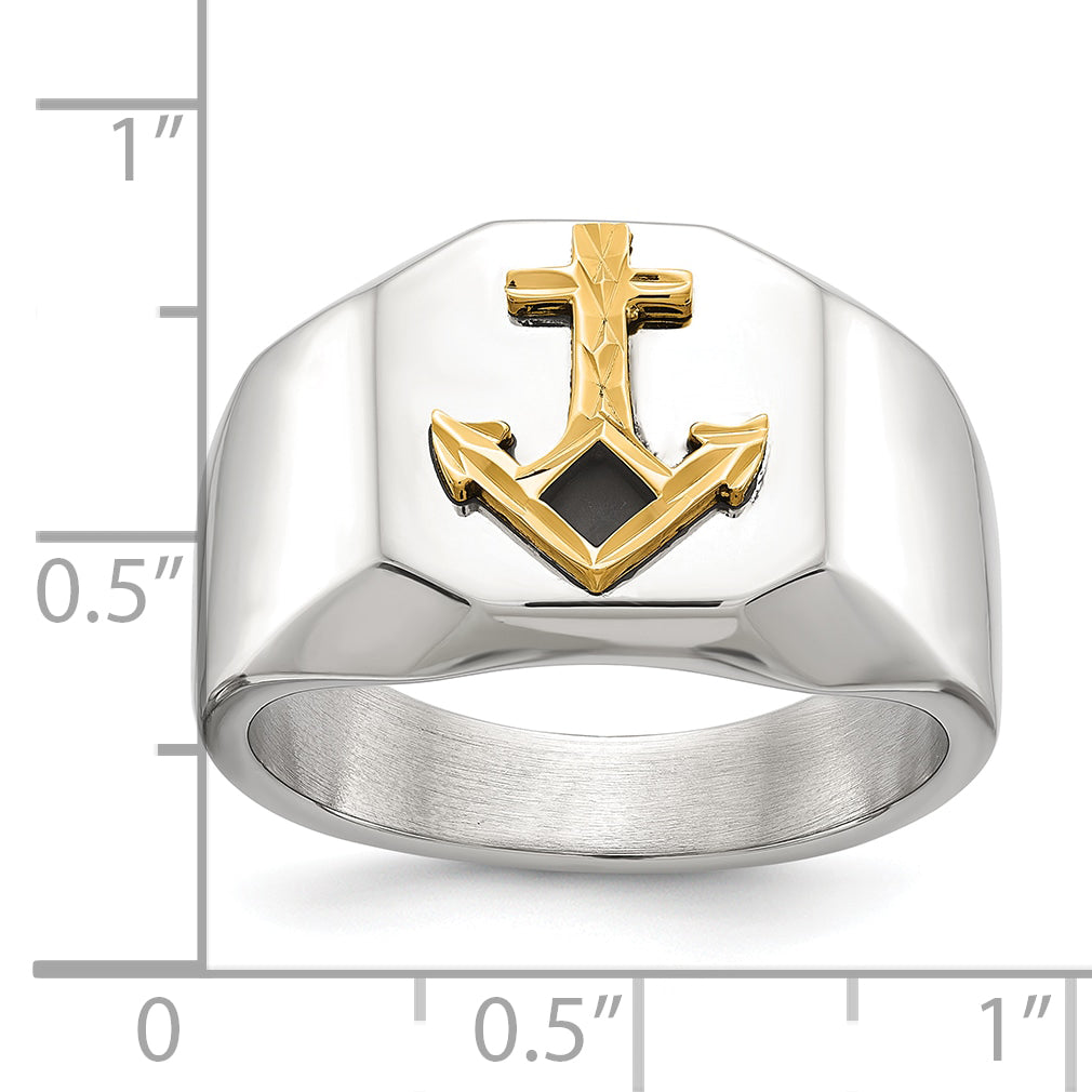 Men's Polished Anchor Black Enamel Stainless Steel 14K Gold Accent Ring 11mm