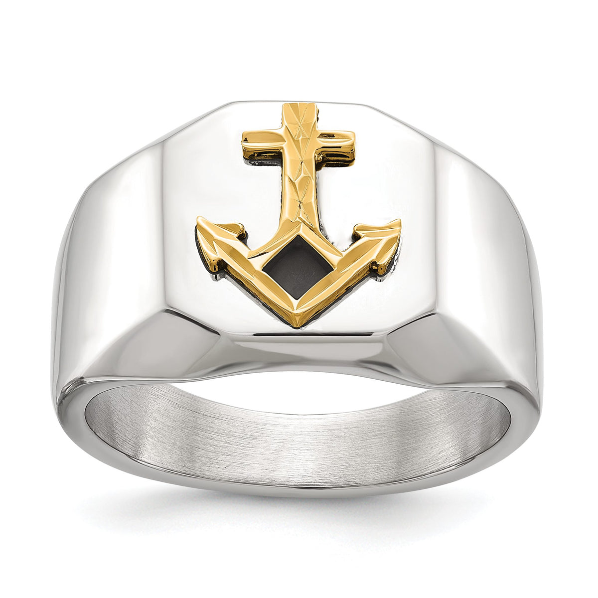 Men's Polished Anchor Black Enamel Stainless Steel 14K Gold Accent Ring 11mm, Size 9–11 - Sophia Jewelers Main image