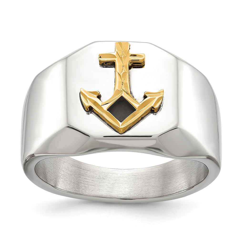 Men's Polished Anchor Black Enamel Stainless Steel 14K Gold Accent Ring 11mm