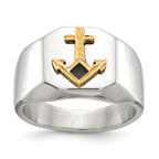 Men's Polished Anchor Black Enamel Stainless Steel 14K Gold Accent Ring 11mm