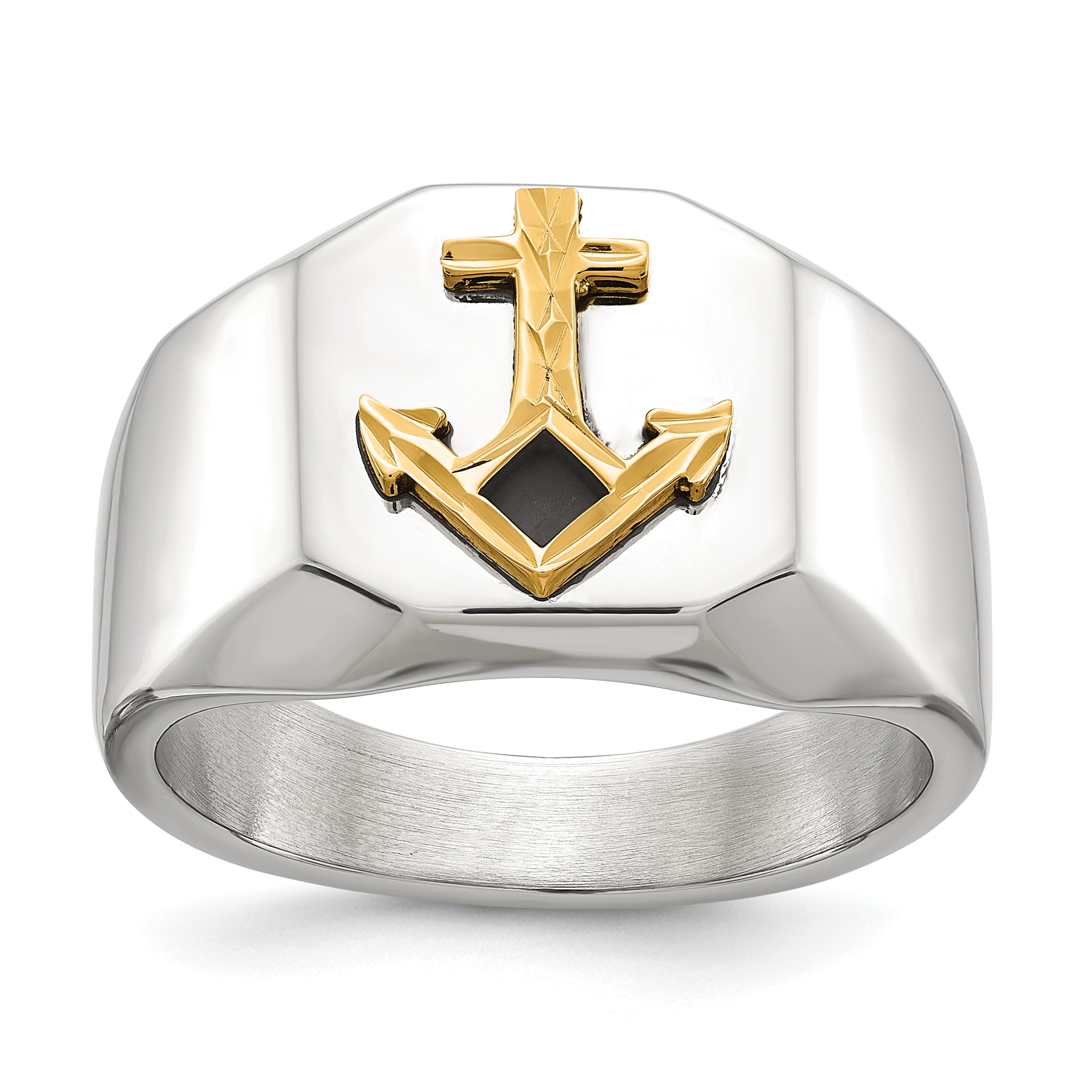 Men's Polished Anchor Black Enamel Stainless Steel 14K Gold Accent Ring 11mm