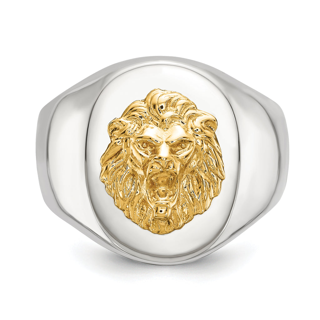 Men's Polished Lion Stainless Steel 14K Gold Accent Signet Ring 7mm