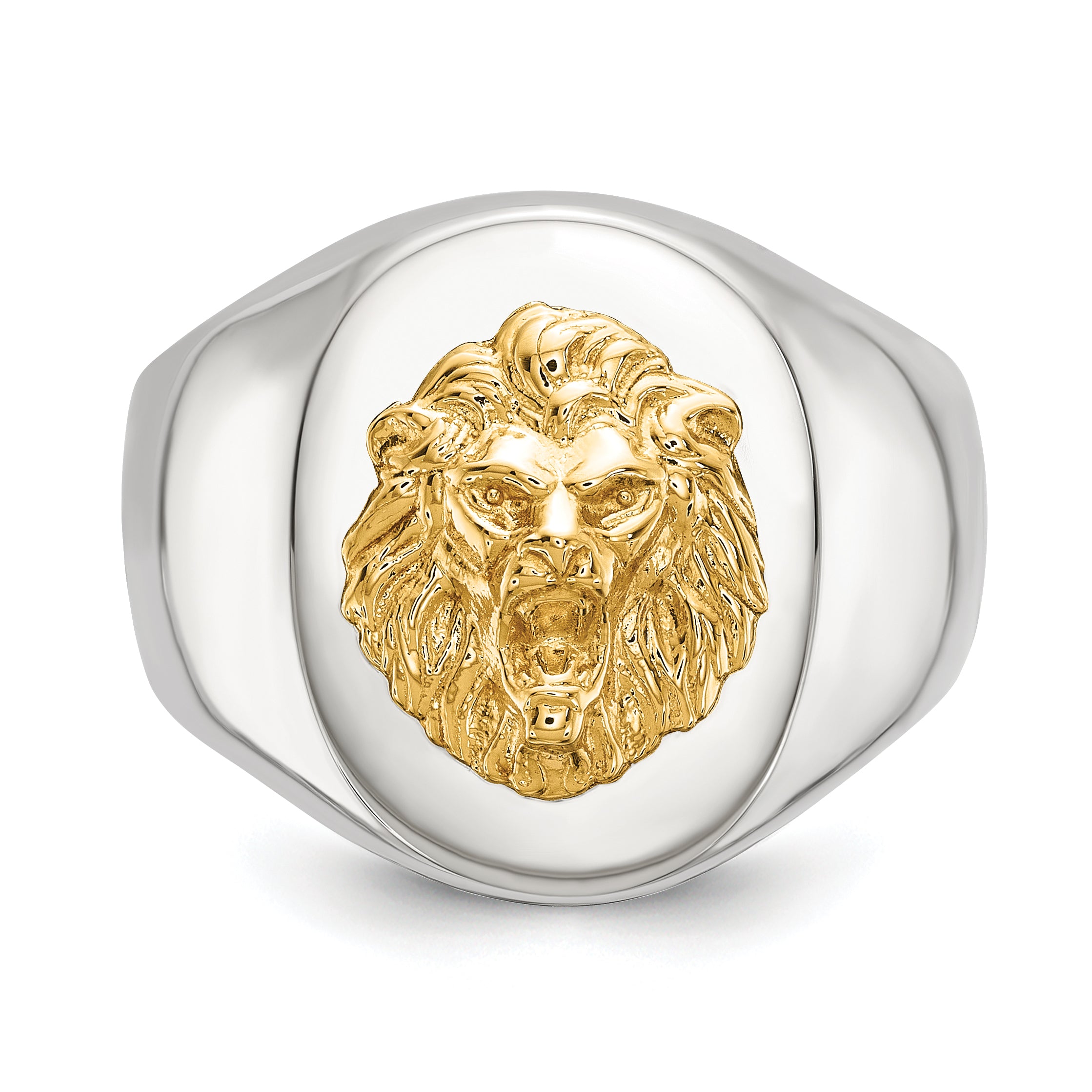 Men's Polished Lion Stainless Steel 14K Gold Accent Signet Ring 7mm
