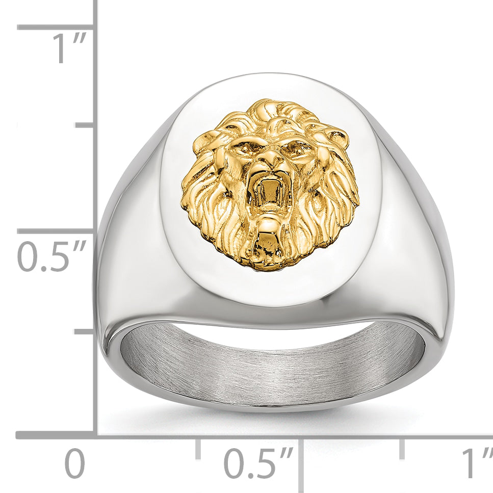 Men's Polished Lion Stainless Steel 14K Gold Accent Signet Ring 7mm