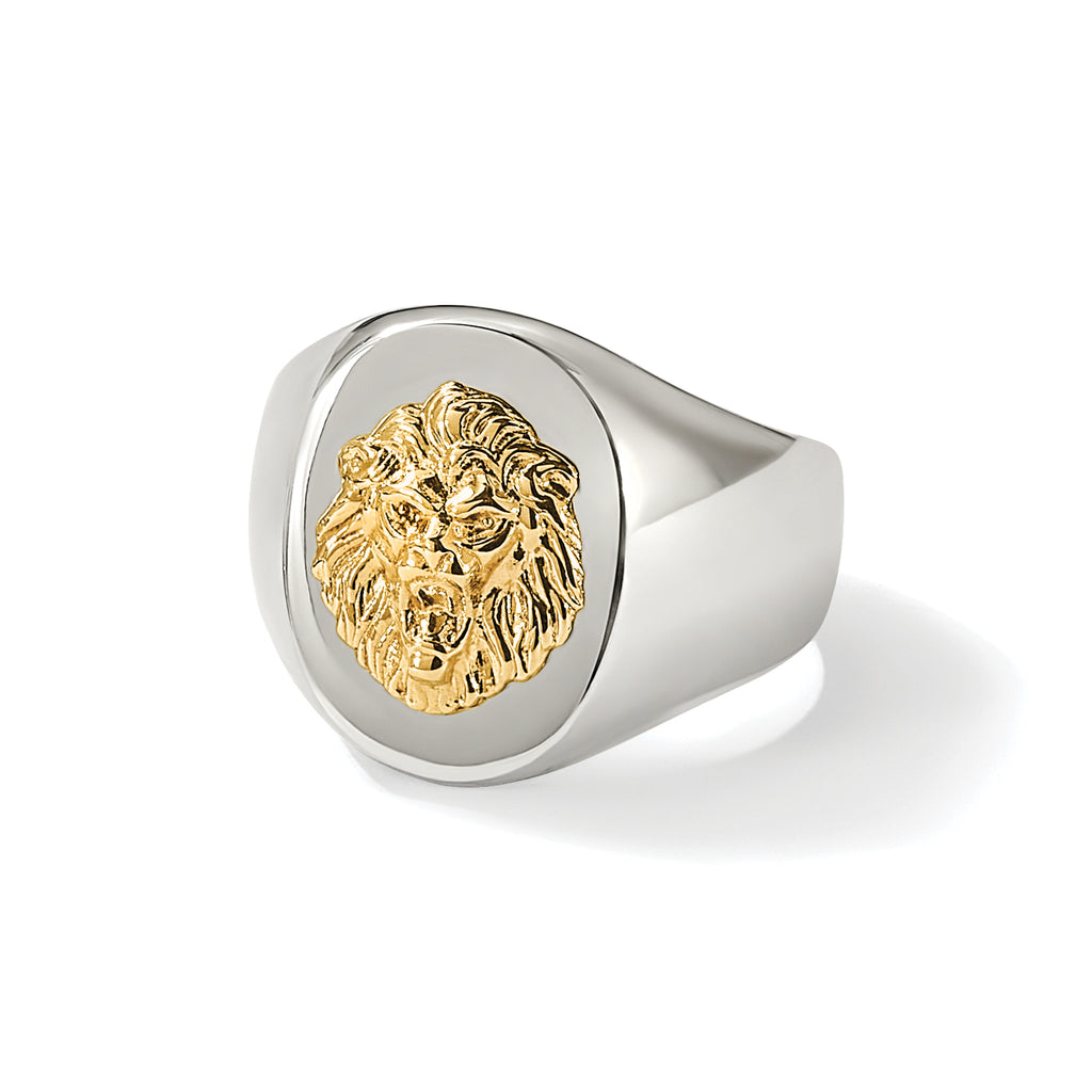 Men's Polished Lion Stainless Steel 14K Gold Accent Signet Ring 7mm