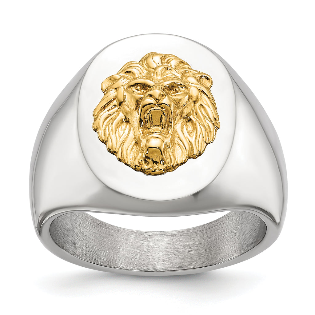 Men's Polished Lion Stainless Steel 14K Gold Accent Signet Ring 7mm