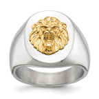 Men's Polished Lion Stainless Steel 14K Gold Accent Signet Ring 7mm
