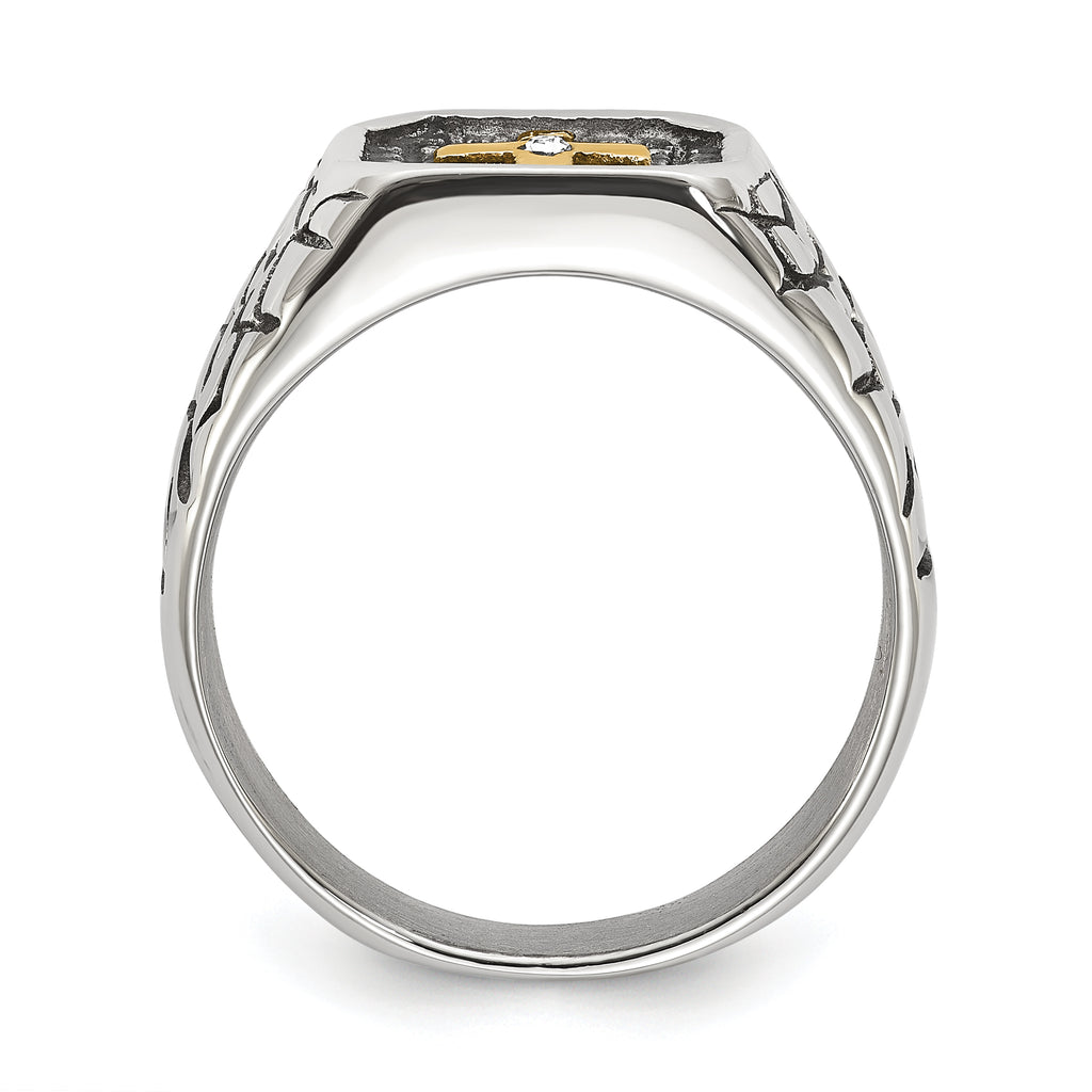 Men's Gold-Tone Antiqued Cubic Zirconia Cross Stainless Steel Ring 11mm