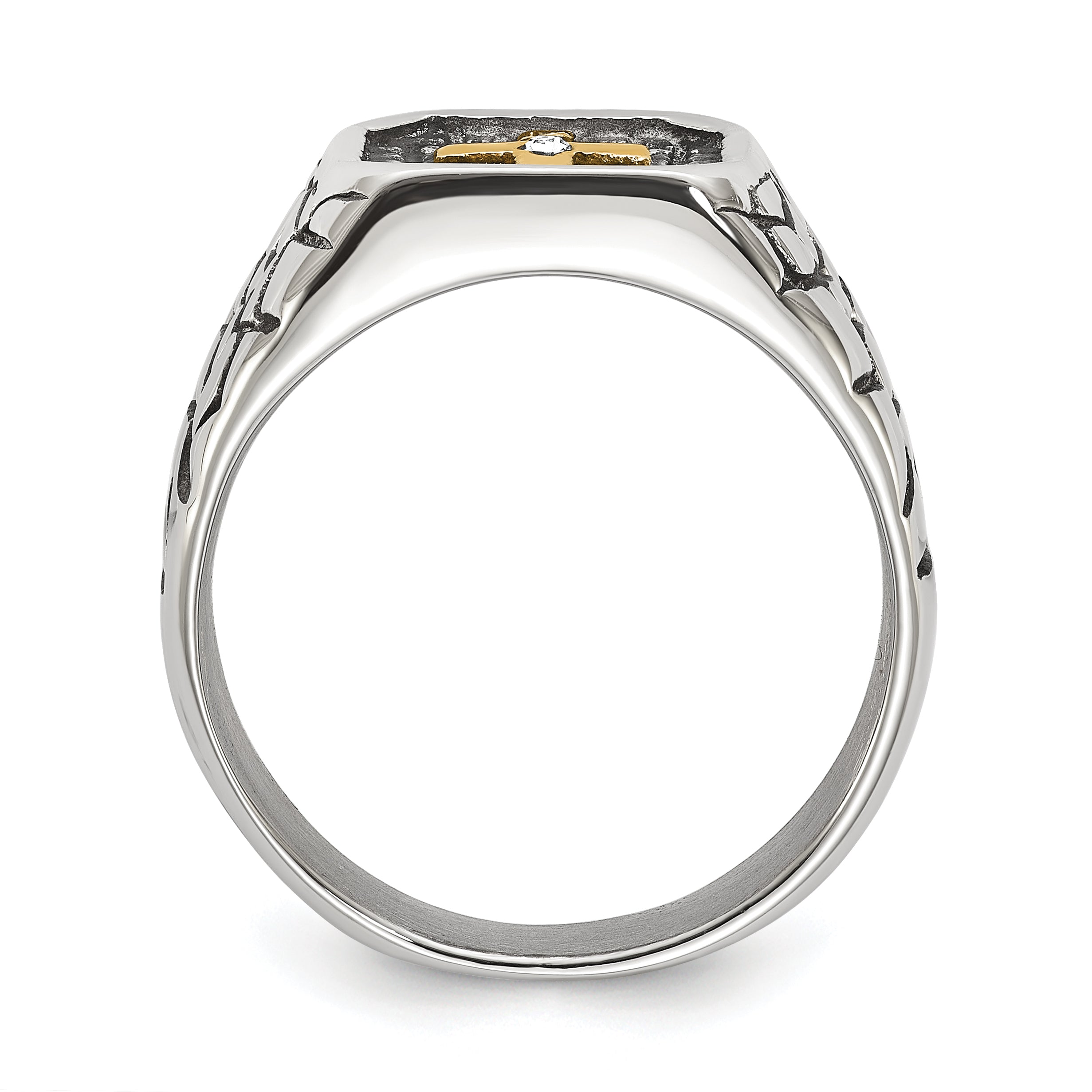 Men's Gold-Tone Antiqued Cubic Zirconia Cross Stainless Steel Ring 11mm