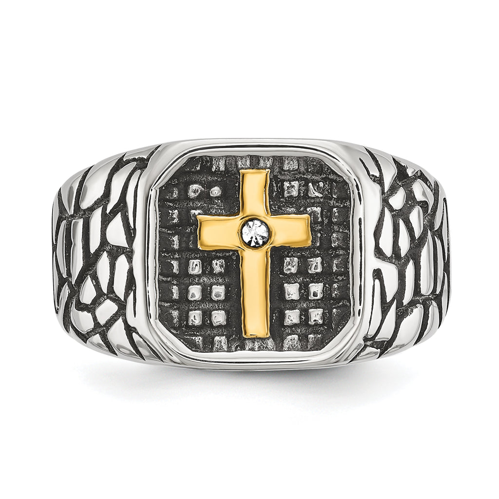 Men's Gold-Tone Antiqued Cubic Zirconia Cross Stainless Steel Ring 11mm