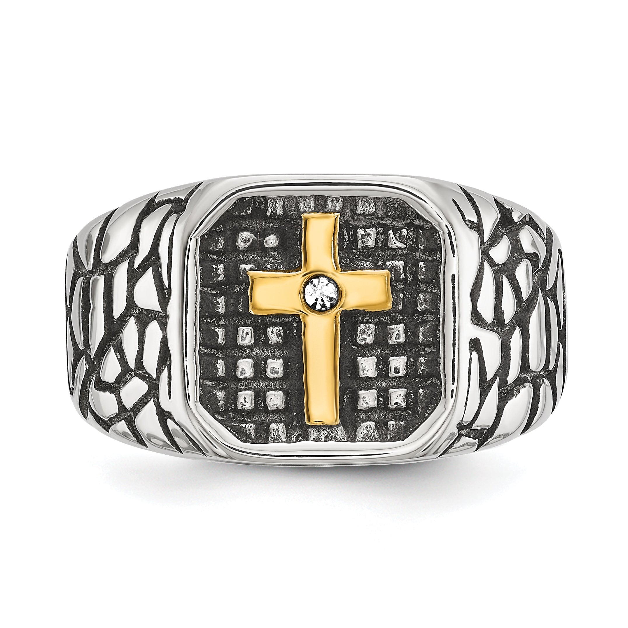 Men's Gold-Tone Antiqued Cubic Zirconia Cross Stainless Steel Ring 11mm