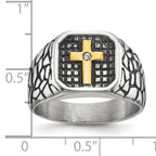 Men's Gold-Tone Antiqued Cubic Zirconia Cross Stainless Steel Ring 11mm