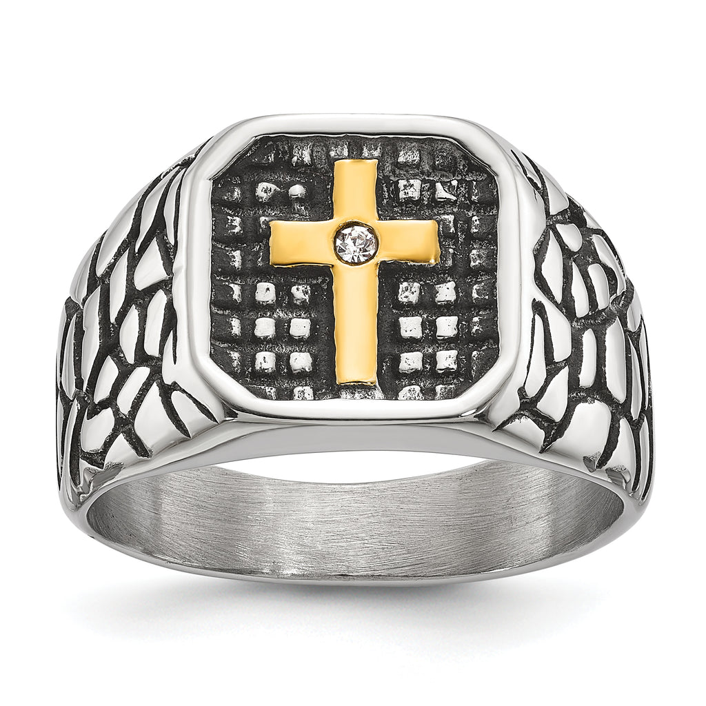 Men's Gold-Tone Antiqued Cubic Zirconia Cross Stainless Steel Ring 11mm