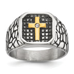 Men's Gold-Tone Antiqued Cubic Zirconia Cross Stainless Steel Ring 11mm