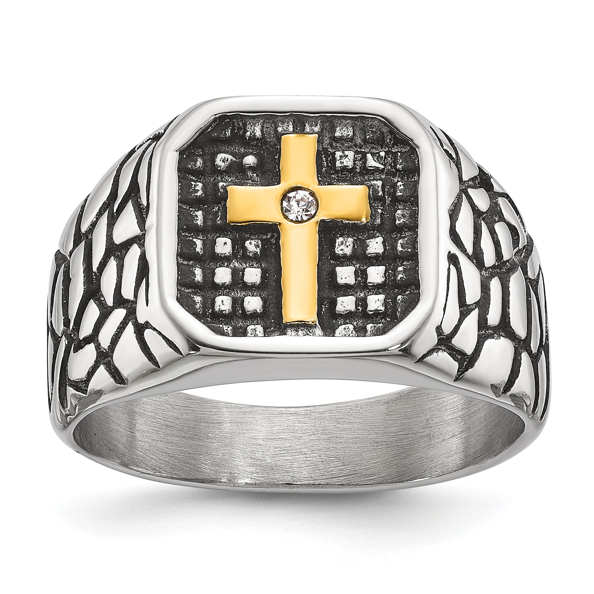 Men's Gold-Tone Antiqued Cubic Zirconia Cross Stainless Steel Ring 11mm