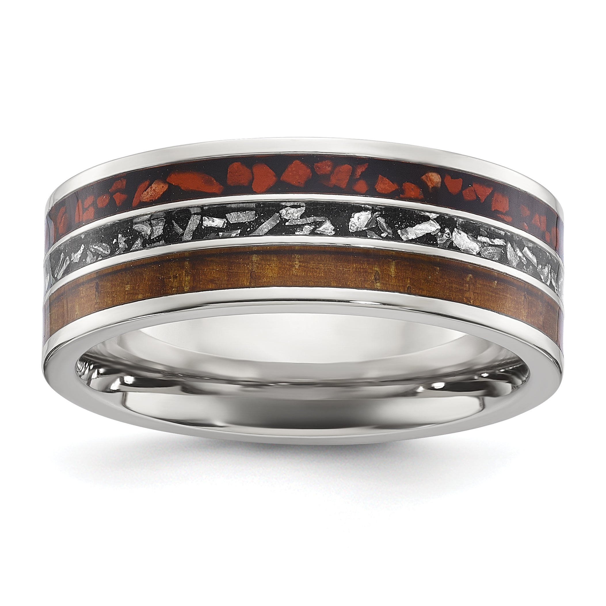Chisel Stainless Steel Polished with Wood, Imitation Meteorite and Red Stone Inlay 8mm Band Main image