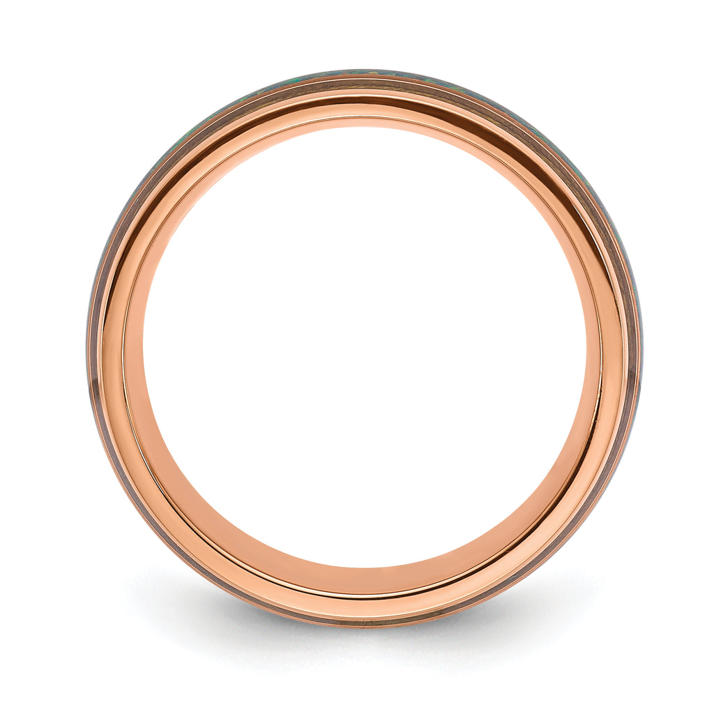 Chisel Stainless Steel Polished Rose IP-plated with Wood and Imitation Opal Inlay 8mm Band