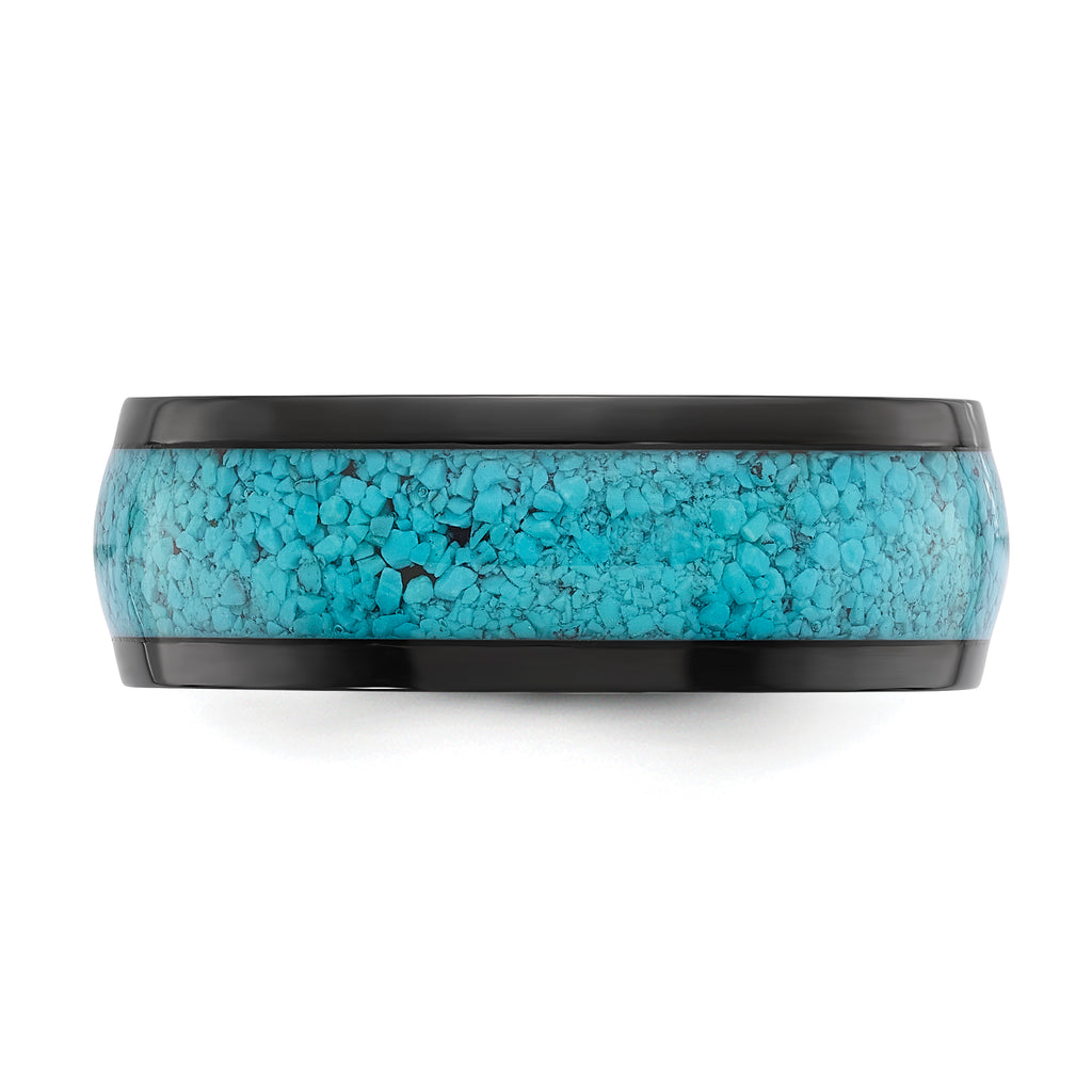 Chisel Stainless Steel Polished Black IP-plated with Imitation Turquoise Inlay 8mm Band