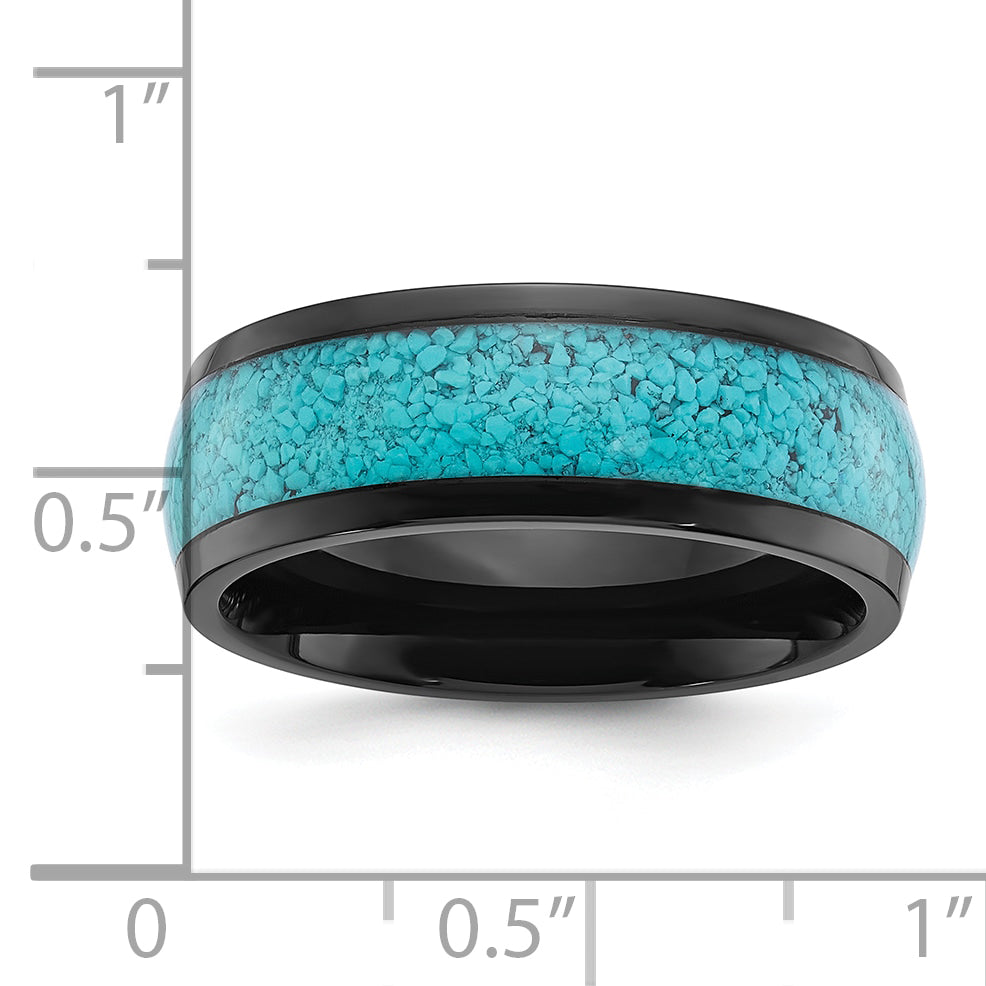 Chisel Stainless Steel Polished Black IP-plated with Imitation Turquoise Inlay 8mm Band