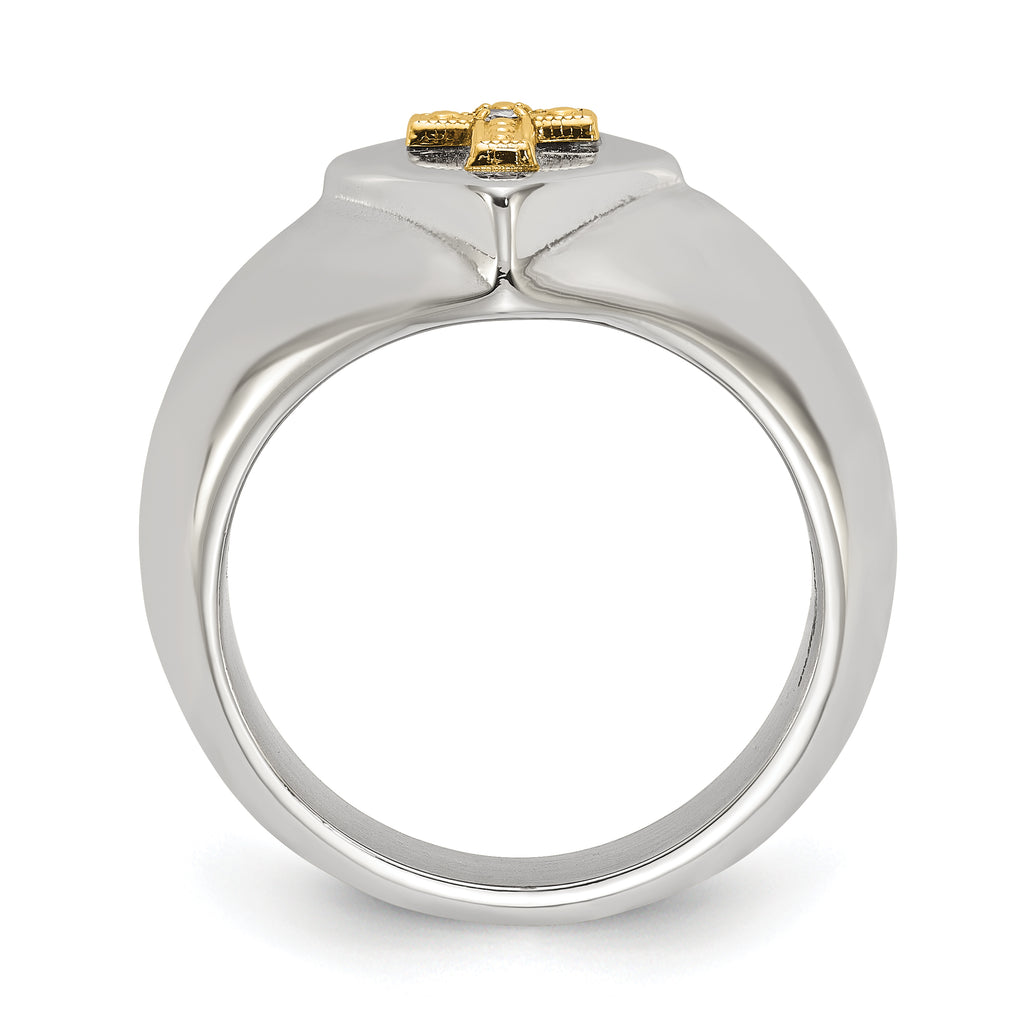 Men's Polished Diamond Cross Stainless Steel 14K Gold Accent Signet Ring 6mm
