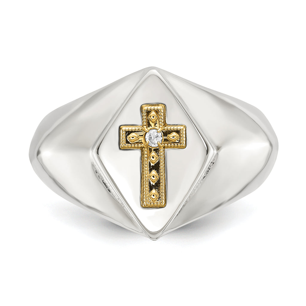 Men's Polished Diamond Cross Stainless Steel 14K Gold Accent Signet Ring 6mm