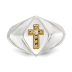 Men's Polished Diamond Cross Stainless Steel 14K Gold Accent Signet Ring 6mm