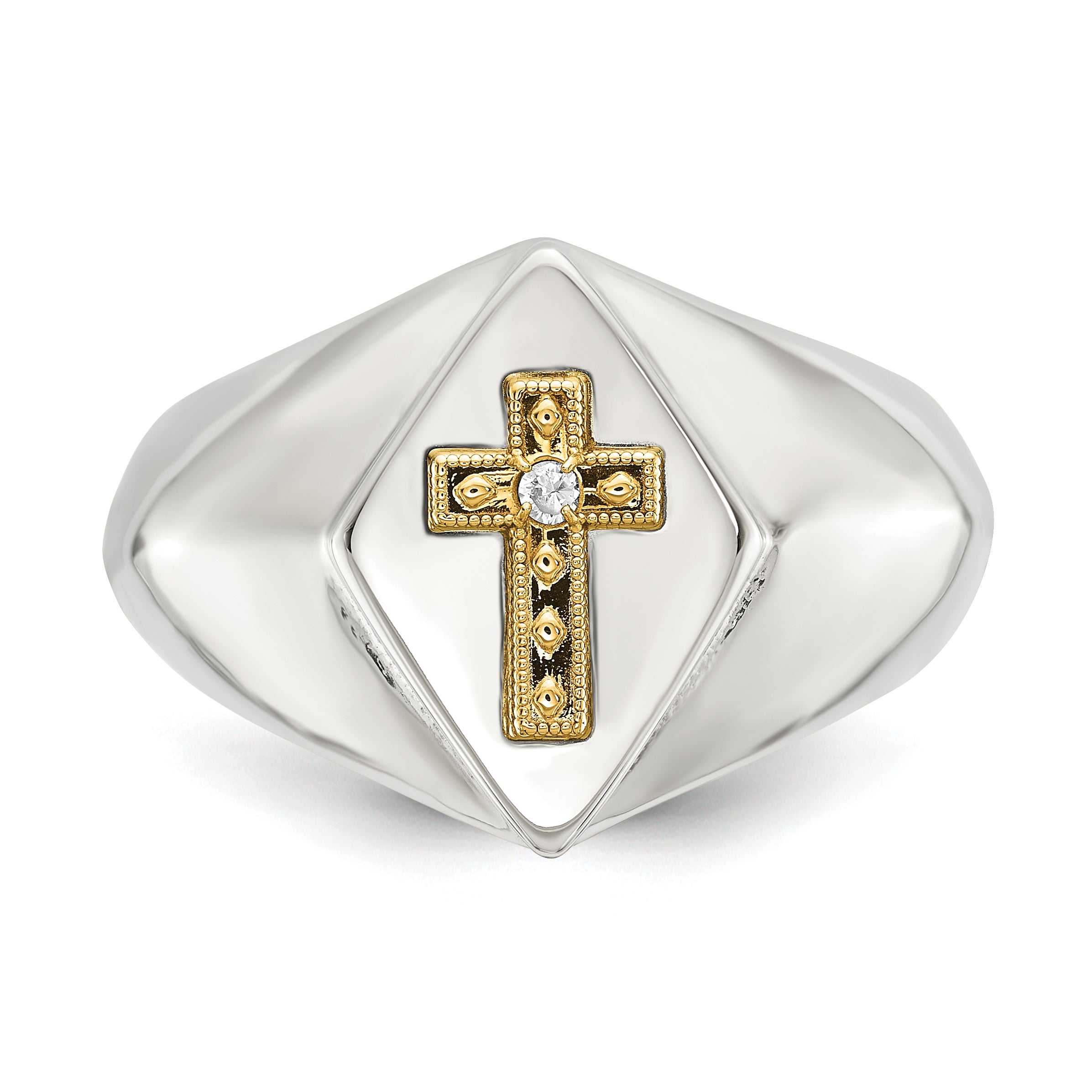 Men's Polished Diamond Cross Stainless Steel 14K Gold Accent Signet Ring 6mm