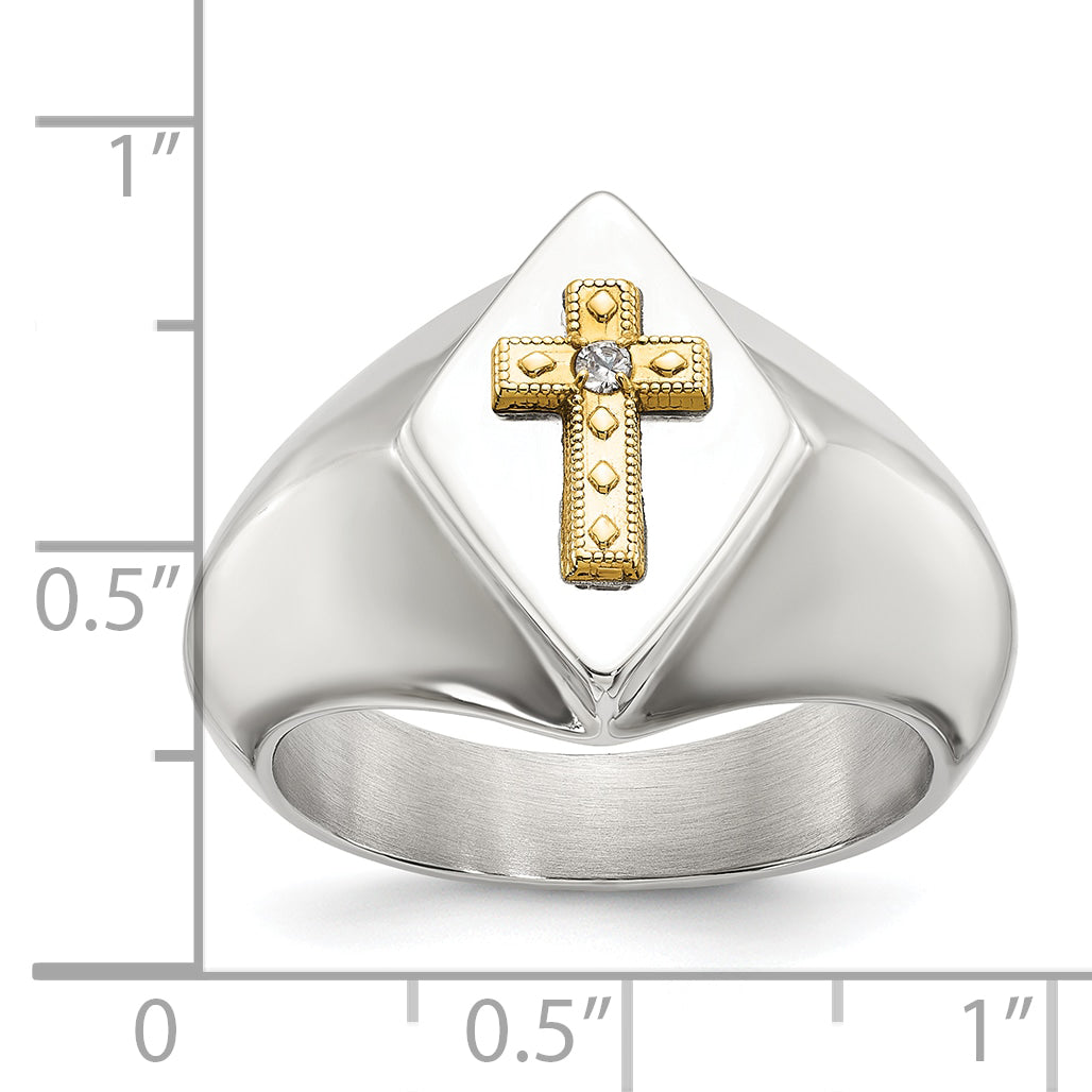 Men's Polished Diamond Cross Stainless Steel 14K Gold Accent Signet Ring 6mm