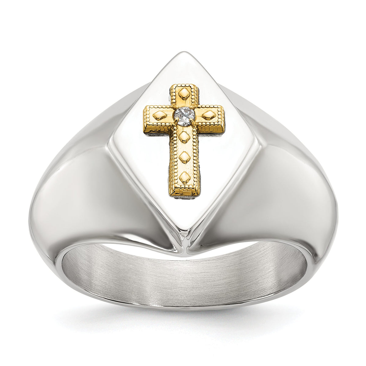 Men's Polished Diamond Cross Stainless Steel 14K Gold Accent Signet Ring 6mm, Size 9–11 - Sophia Jewelers Main image
