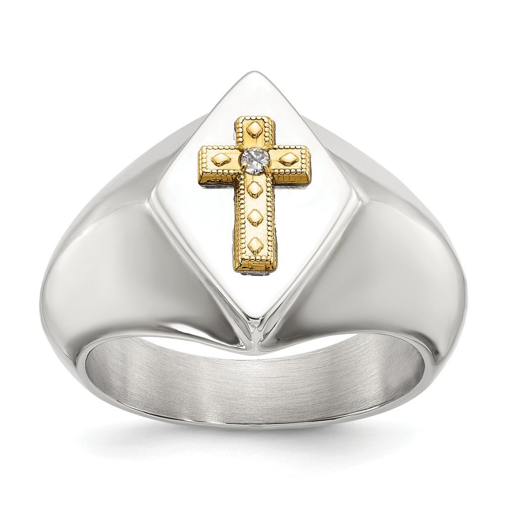 Men's Polished Diamond Cross Stainless Steel 14K Gold Accent Signet Ring 6mm