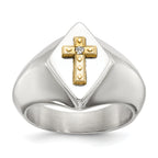 Men's Polished Diamond Cross Stainless Steel 14K Gold Accent Signet Ring 6mm