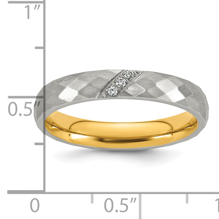 Gold-Tone Brushed and Polished Cubic Zirconia Stainless Steel Wedding Band 4mm