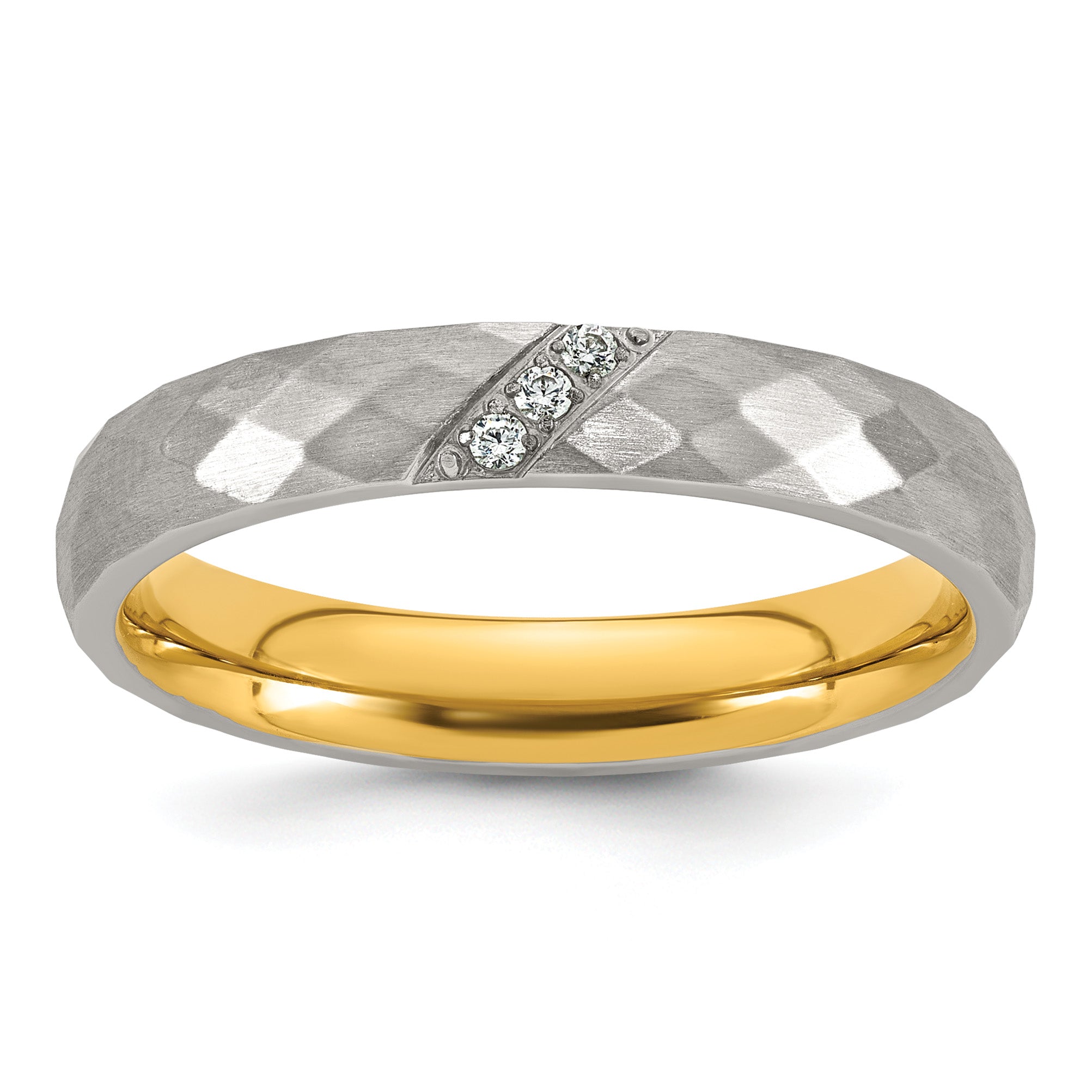 Gold-Tone Brushed and Polished Cubic Zirconia Stainless Steel Wedding Band 4mm Main image