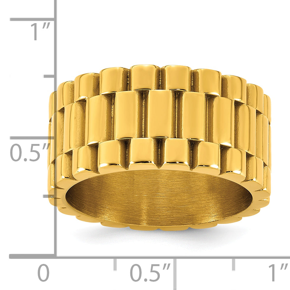 Gold-Tone Polished Textured Stainless Steel Ring 11mm