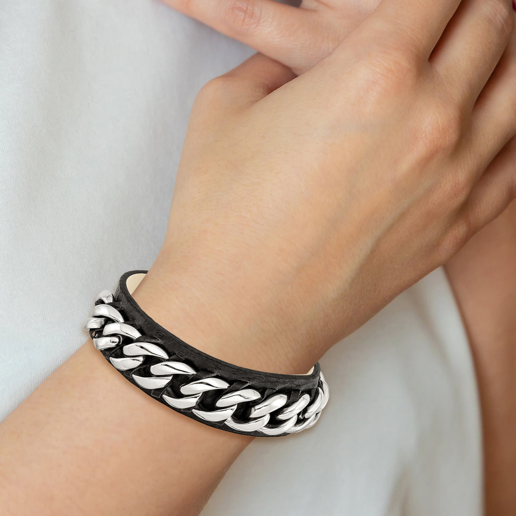 Stainless Steel Black Leather with Chain Bracelet for Men