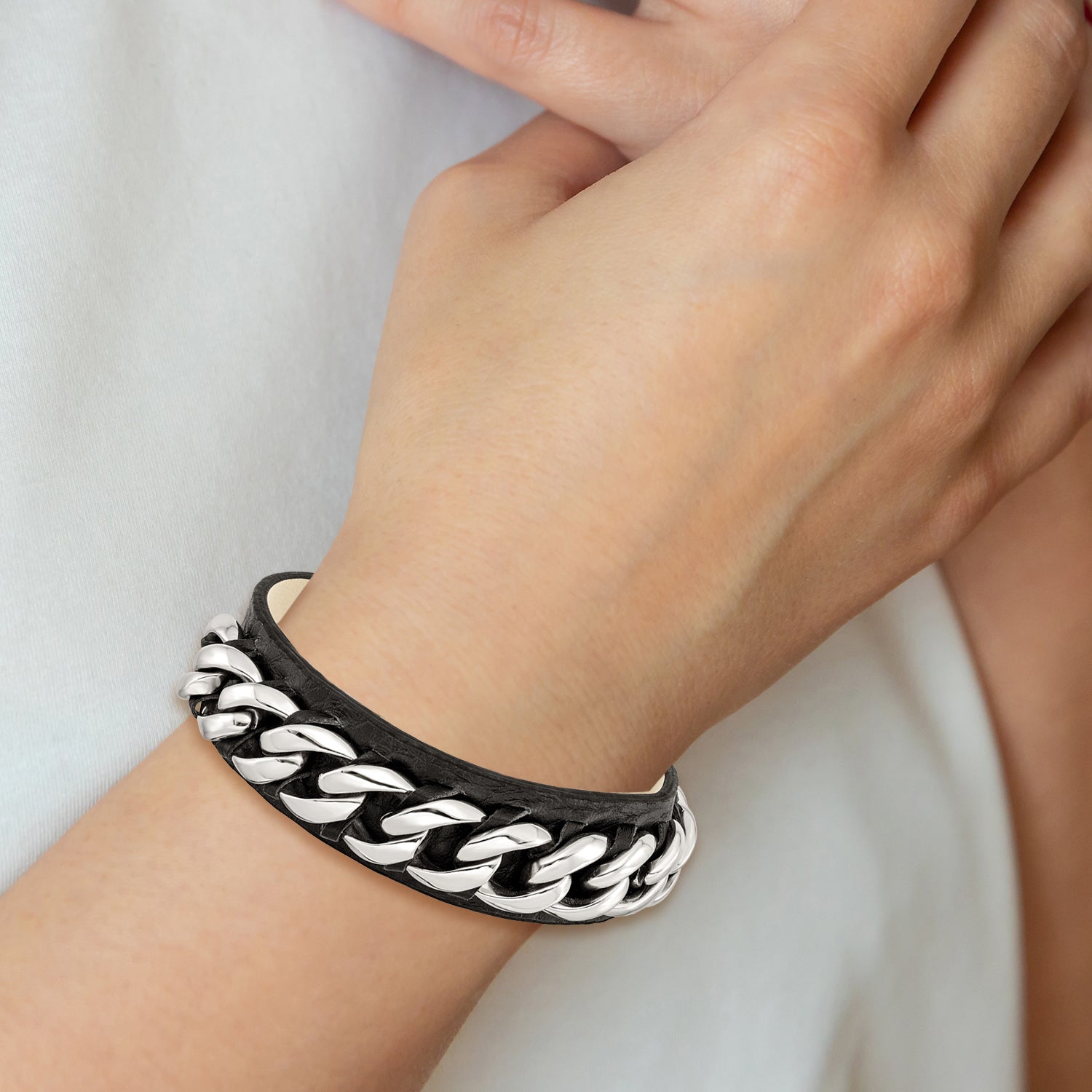 Stainless Steel Black Leather with Chain Bracelet for Men