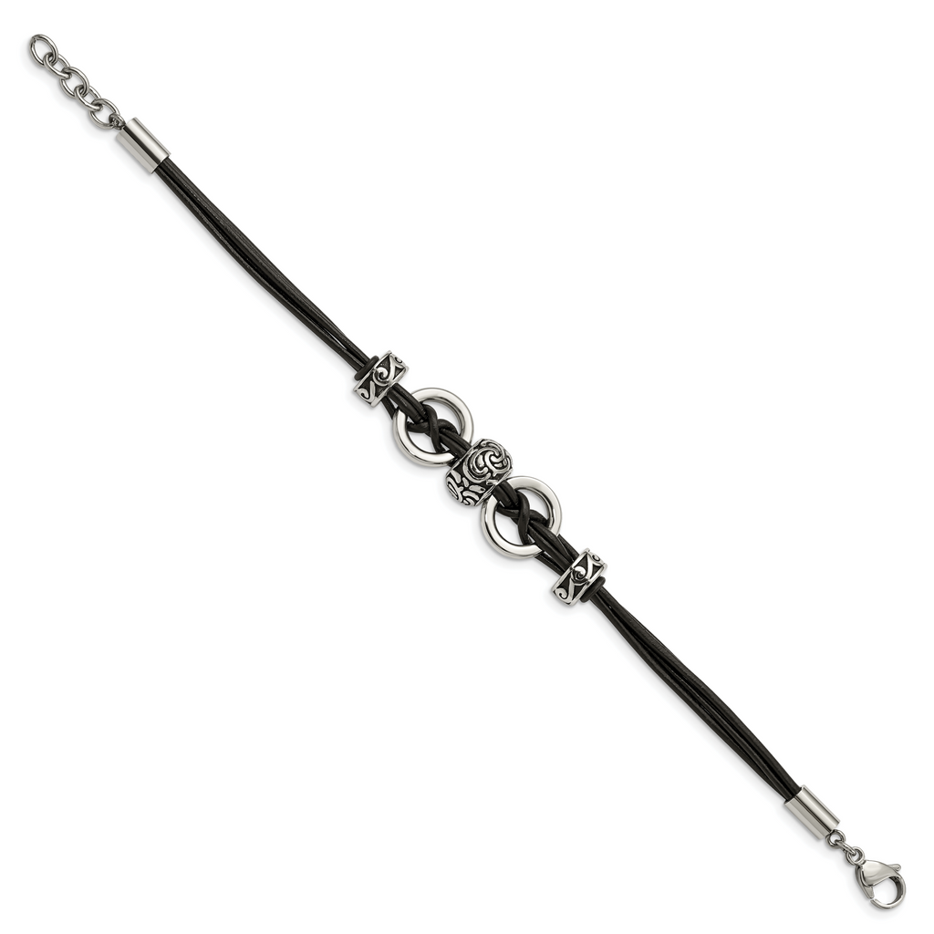 Stainless Steel Antiqued and Polished Leather with ext Bracelet for Women
