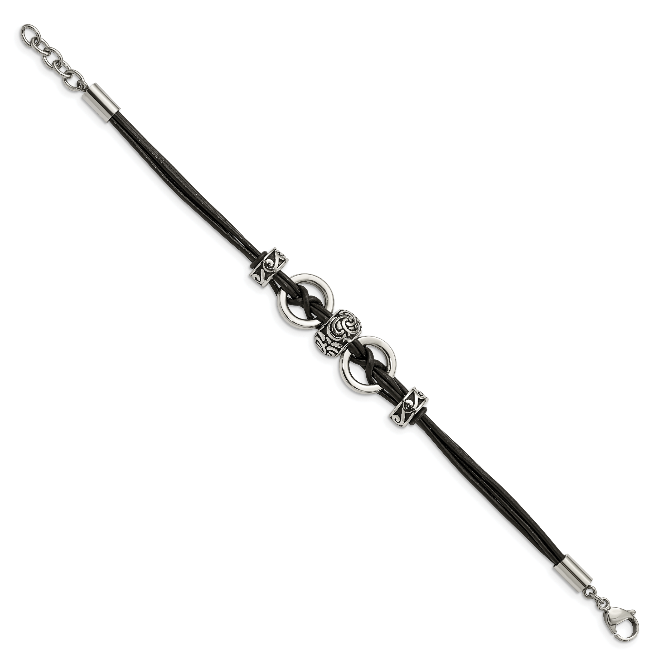 Stainless Steel Antiqued and Polished Leather with ext Bracelet for Women