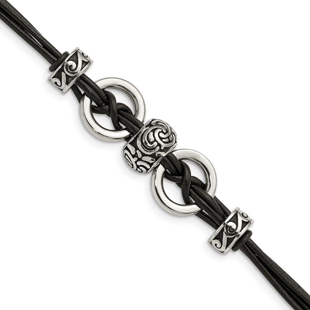 Stainless Steel Antiqued and Polished Leather with ext Bracelet for Women