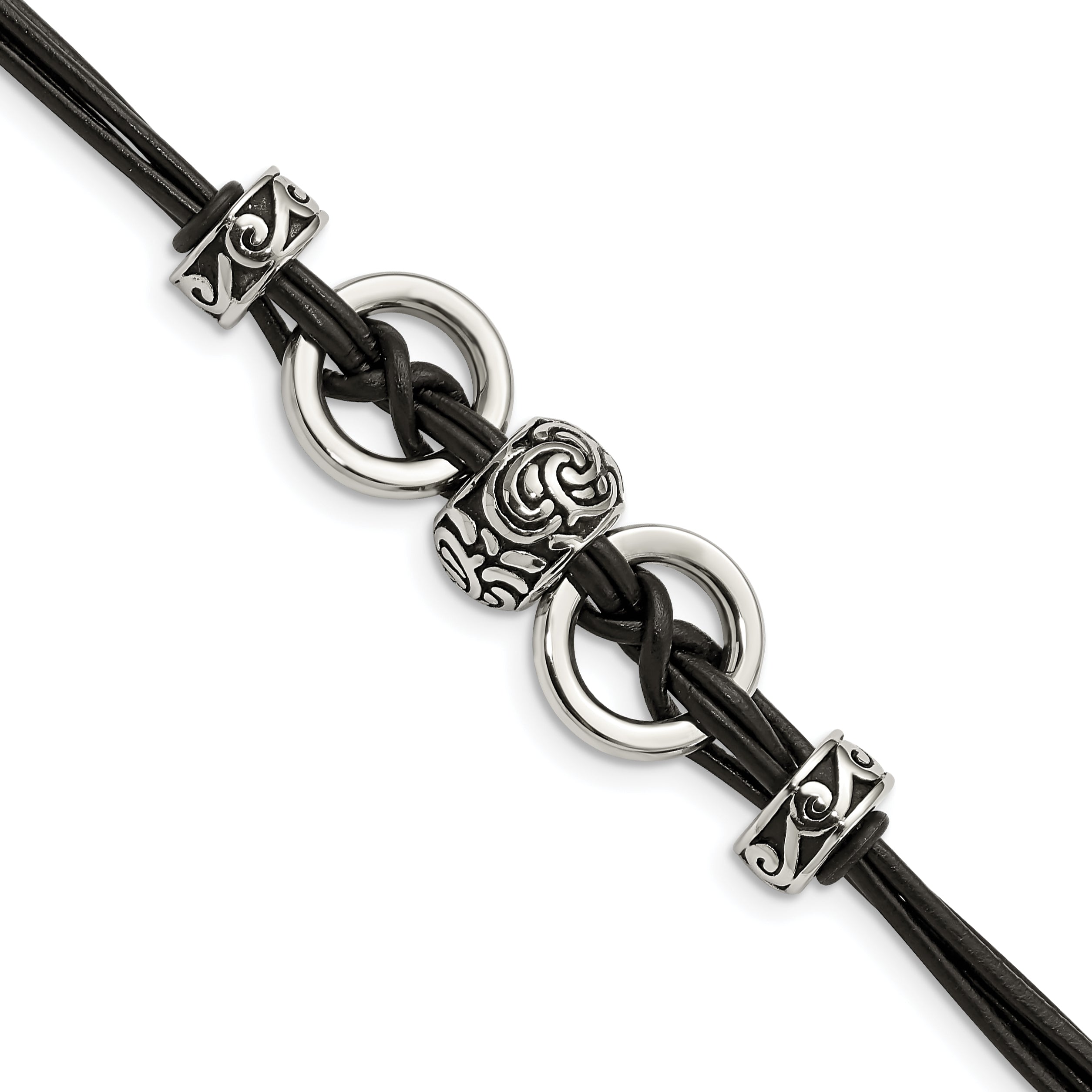 Stainless Steel Antiqued and Polished Leather with ext Bracelet for Women