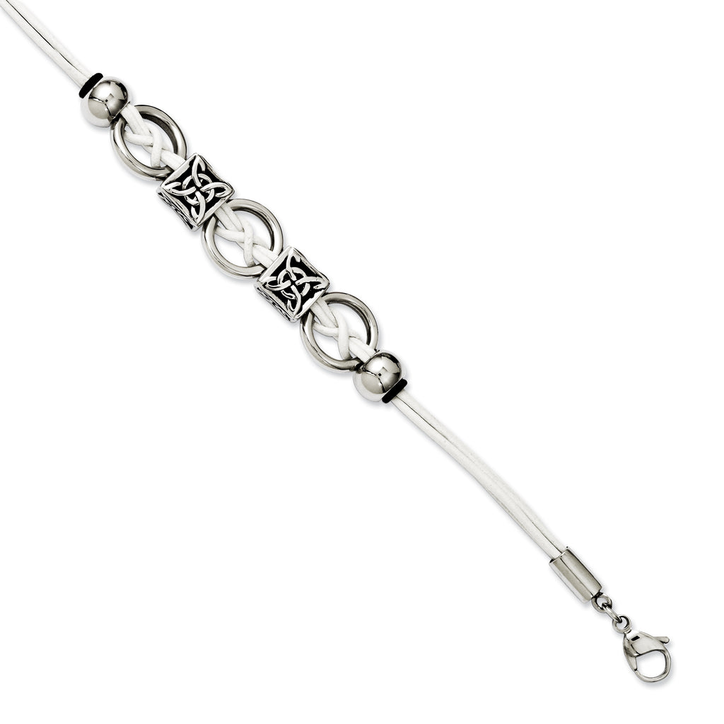 Stainless Steel White Leather with Antiqued Beads with ext Bracelet for Women