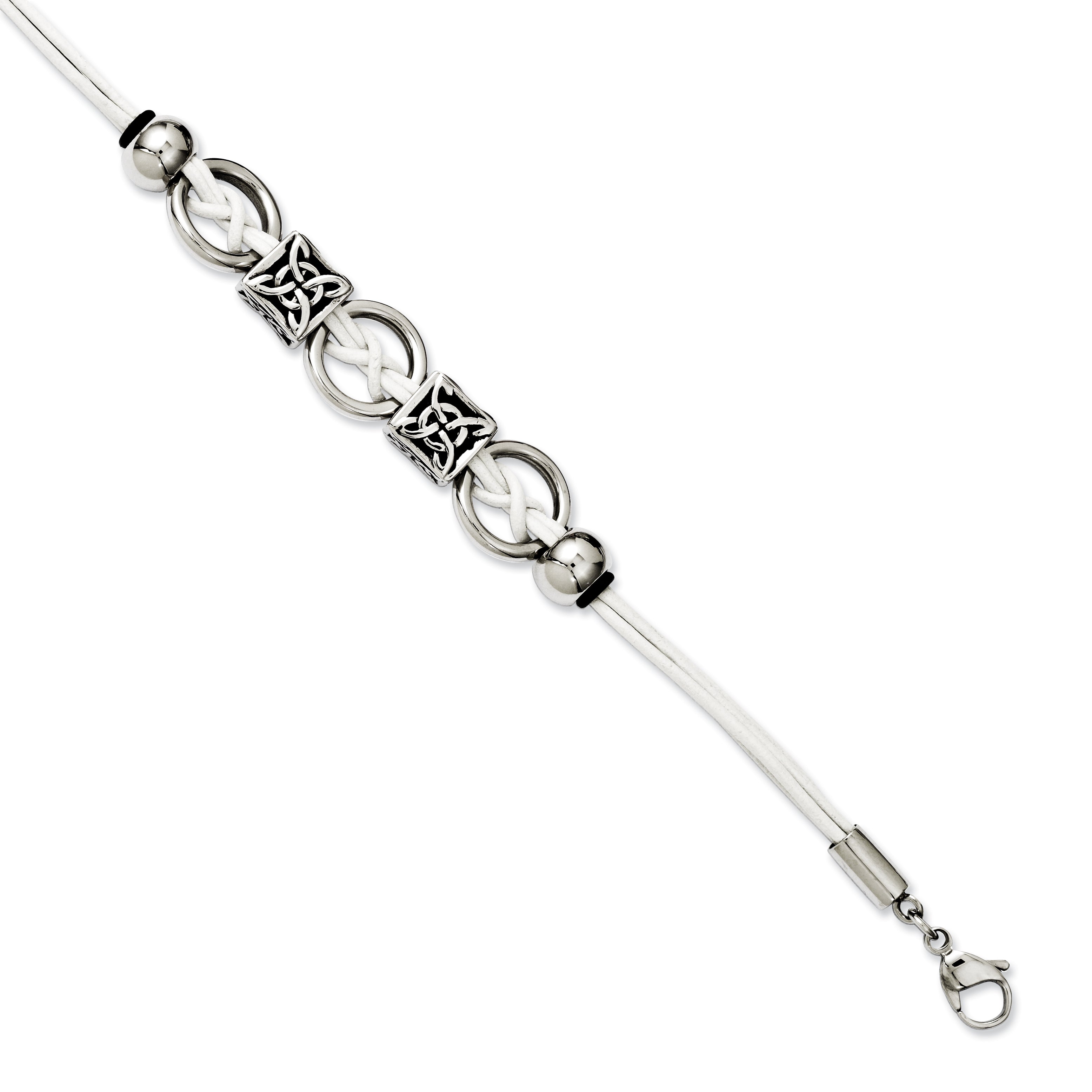 Stainless Steel White Leather with Antiqued Beads with ext Bracelet for Women