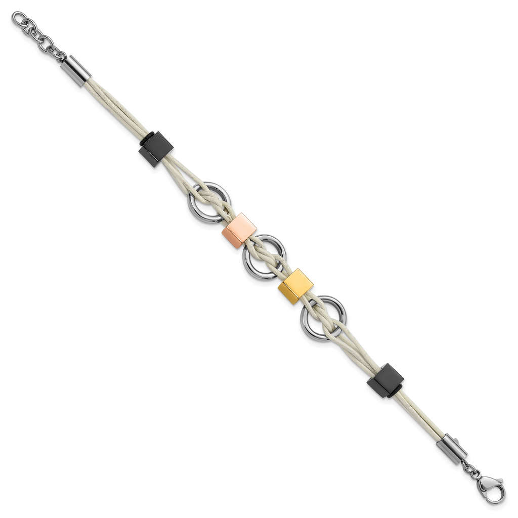 Stainless Steel Multi IP-Plated Beads & White Leather with . ext Bracelet