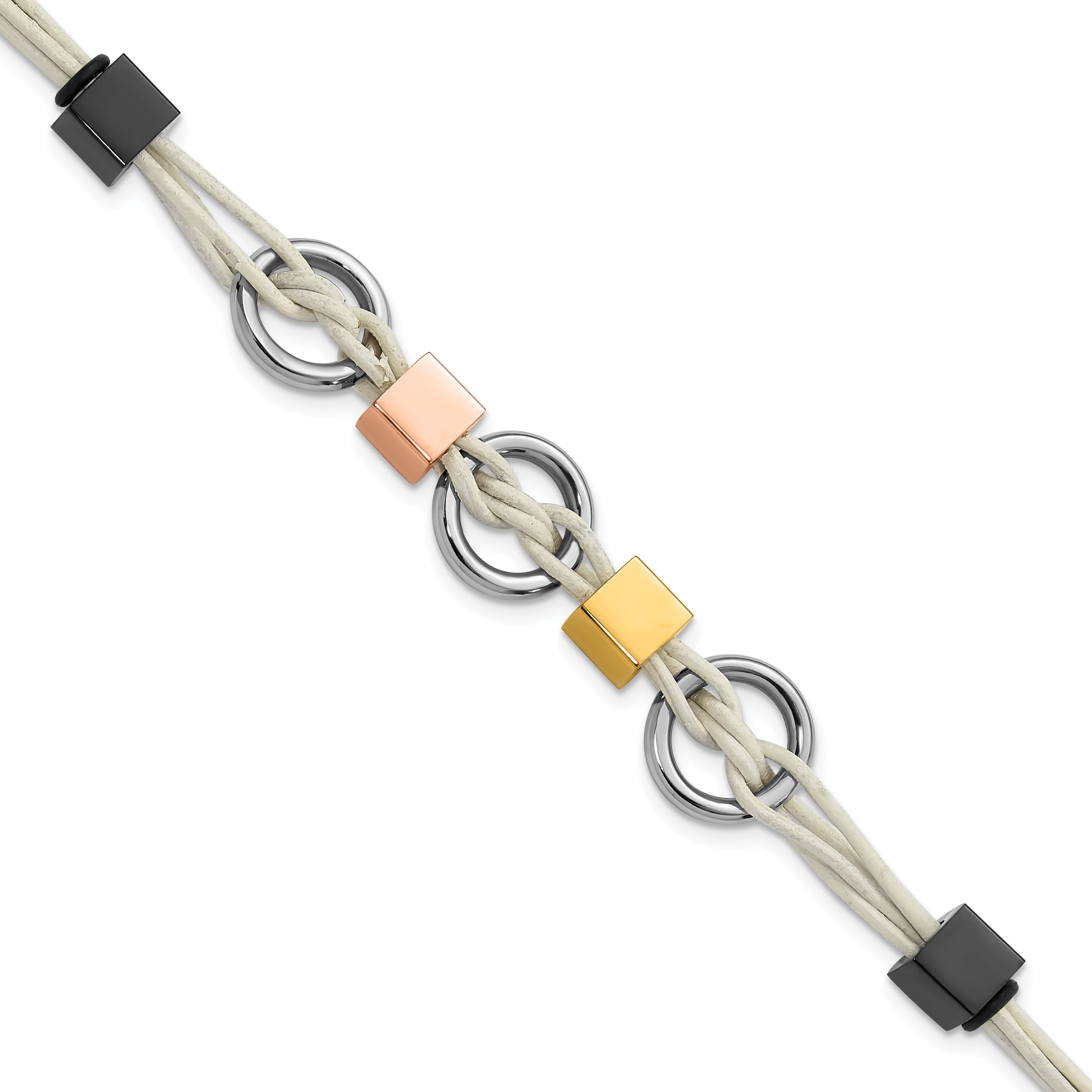Stainless Steel Multi IP-Plated Beads & White Leather with . ext Bracelet
