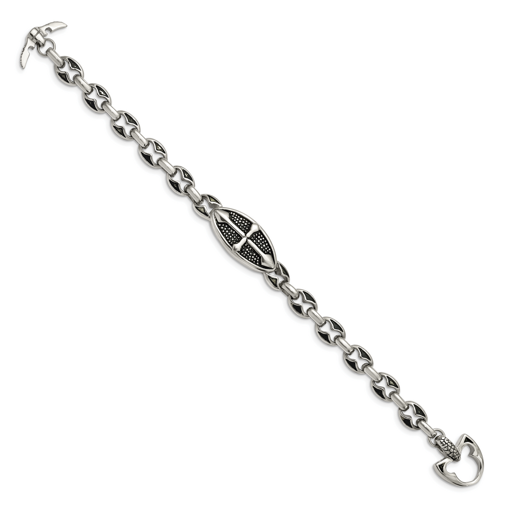 Stainless Steel Antiqued Textured and Polished Cross Toggle Bracelet for Men