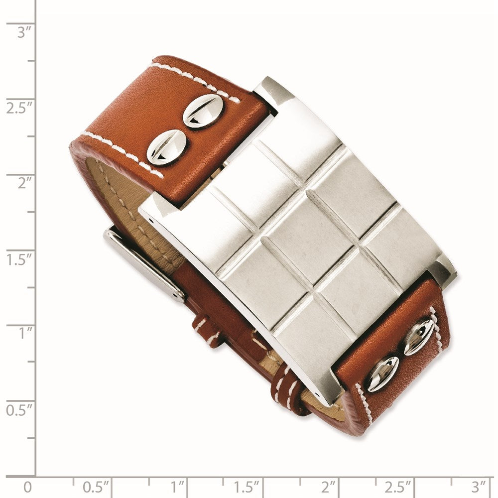 Brown Leather Buckle Bracelet in Stainless Steel, 22mm 8.8in - Sophia Jewelers