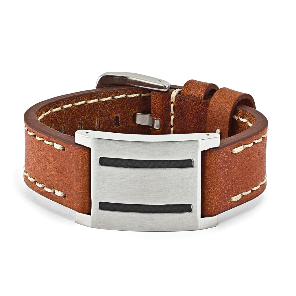 Stainless Steel Brown Leather with Carbon Fiber Inlay Buckle Bracelet for Men